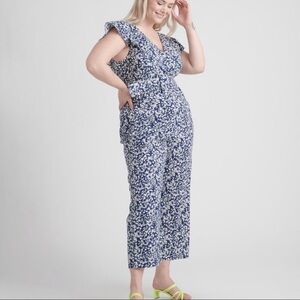 Tanya Taylor Avalon Floral Linen Belted Cropped Wide Leg Jumpsuit Blue Casual